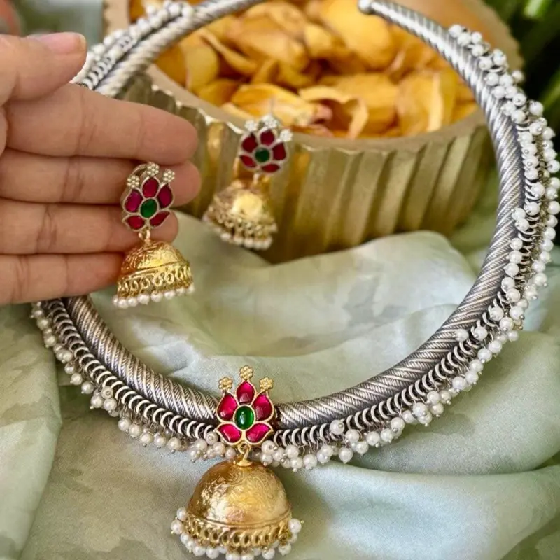 German Silver Hasli Necklace Set with Red & Green Stones and Pearl Accents for Traditional Wear