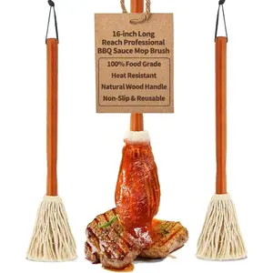 16" BBQ Sauce Basting Mops & Brushes for Roasting or Grilling, Apply Barbeque, Marinade or Glazing, Cotton Fiber  and Hardwood Handle, Dish Mop Style,  for Cooking or Cleaning - Pack of 3