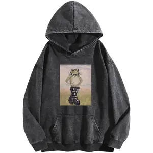 Wayii Women's Cotton Pullover Hoodie - Lady's Vintage Acid Wash Rocking Frog Print, Long Sleeve Oversized Loose Fit Winter Warm Streetwear Casual Tunic