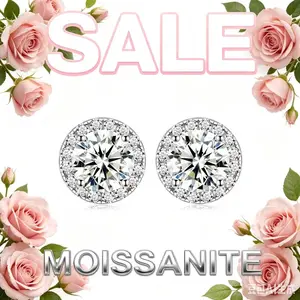 Sparkling Round Halo Moissanite Stud Earrings 925 Sterling Silver Needle Hypoallergenic