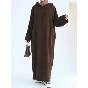 Women's Solid Drawstring Drop Shoulder Long Sleeve Hooded Kaftan Dress, Casual Pocket Long Sweatshirt Dress for Fall & Winter, Women's Islamic Clothing for Daily Wear, Classy Modest Dresses