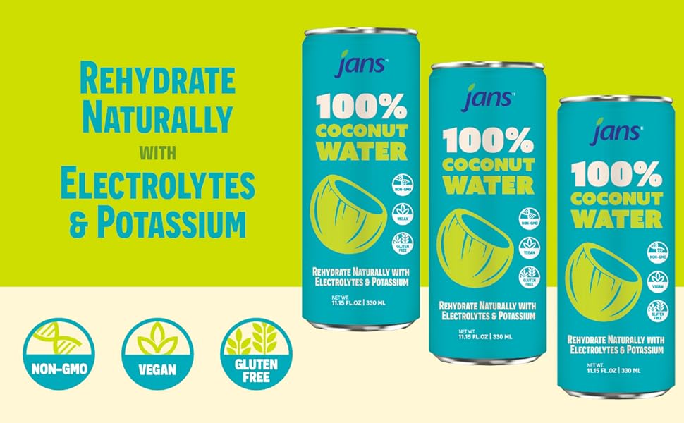 Jans 100% Coconut Water No Added Sugar 11.15oz (Pack of 12) Pure Coconut Refreshment, Vegan, Gluten-Free, Hydration with Electrolytes