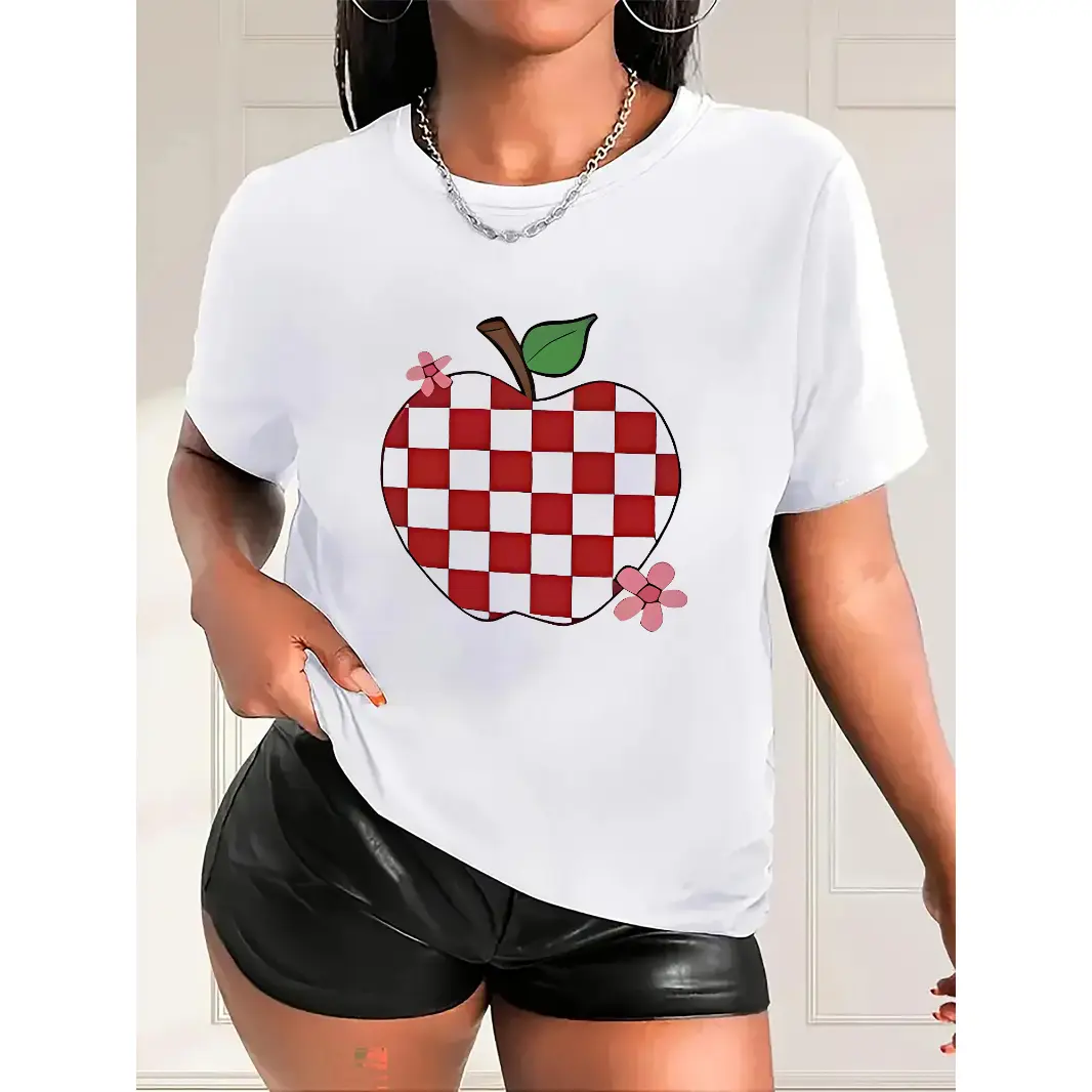 Womens Cotton Short Sleeve Graphic Tee White Red Checkered Apple Print Cute Casual Summer Outfit Top For Everyday Wear Vacation Weekend Streetwear Layering