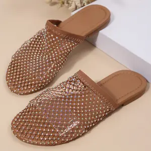 Women's Glitter Mesh Slippers with Shiny Rhinestones Open Toe Flat Slides Summer Party Shoes Springfresh