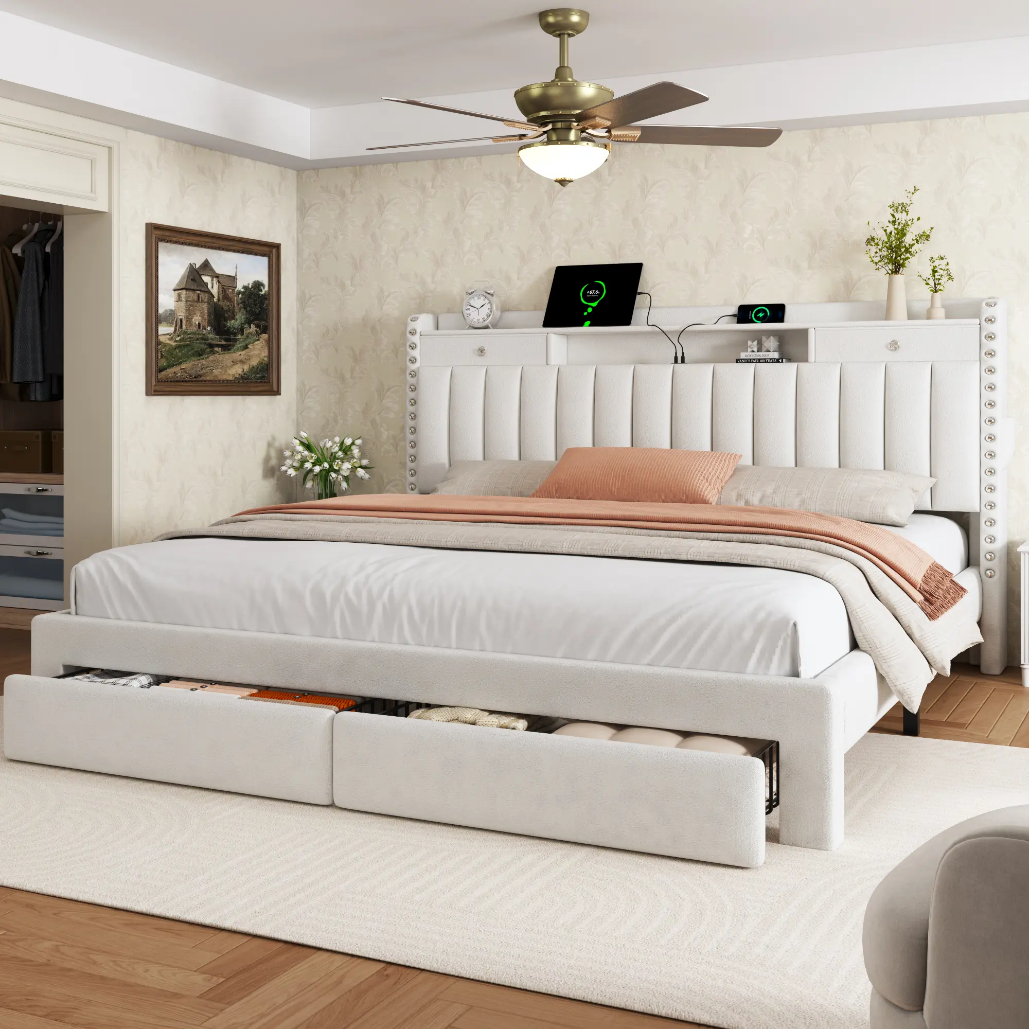 「Deals for You Days」TryLazy Upholstered Flatform Bed Frame with 4 Storage Drawers No MATTRESS Queen Size Wood Slats Holds 900lbs No Noise No Box Spring Needed USB Socket