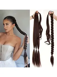 32 inch Ponytail Extension With Rubber Band Long Braided Hair Ponytail Extensions for Women Sleek Wrap Around Straight Hair Extensions Synthetic Hair Pieces Braided Pony tails Hair Synthetic Hairpieces