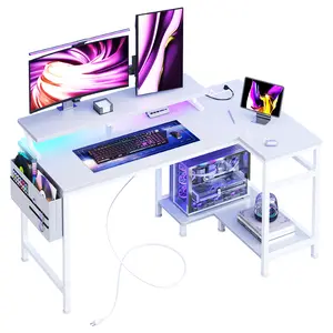 Gaming Desk, Computer Desk with USB Charging Ports, Power Outlets, Type-C and LED Lights, Reversible L Shaped Desk with Storage Shelves & Monitor Stand for Office, Gaming Room
