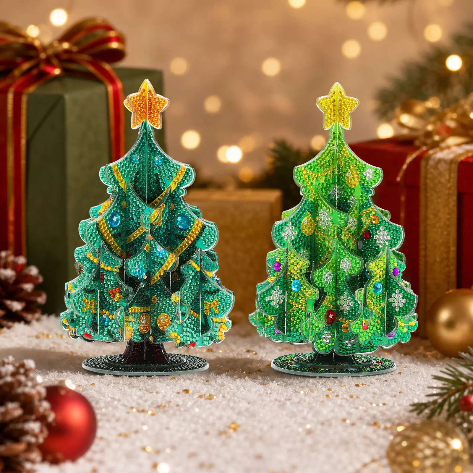 3D Stand-up Christmas Tree Diamond Painting Kit, 5D Full Round Drill DIY LED Light Up Diamond Art Ornament, Assemble Tabletop Xmas Tree Rhinestone Mosaic Craft, Holiday Desktop Decor Gift for Adults Beginners Kids