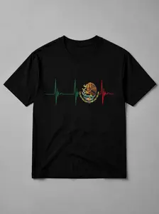 Men's Oversize 100% Cotton Tshirt - Mexican Eagle Coat of Arms Heartbeat ECG Print, Short-Sleeve Round Neck, Red Green Line Black, Latin Patriotic Casual Menswear Top, S-5XL