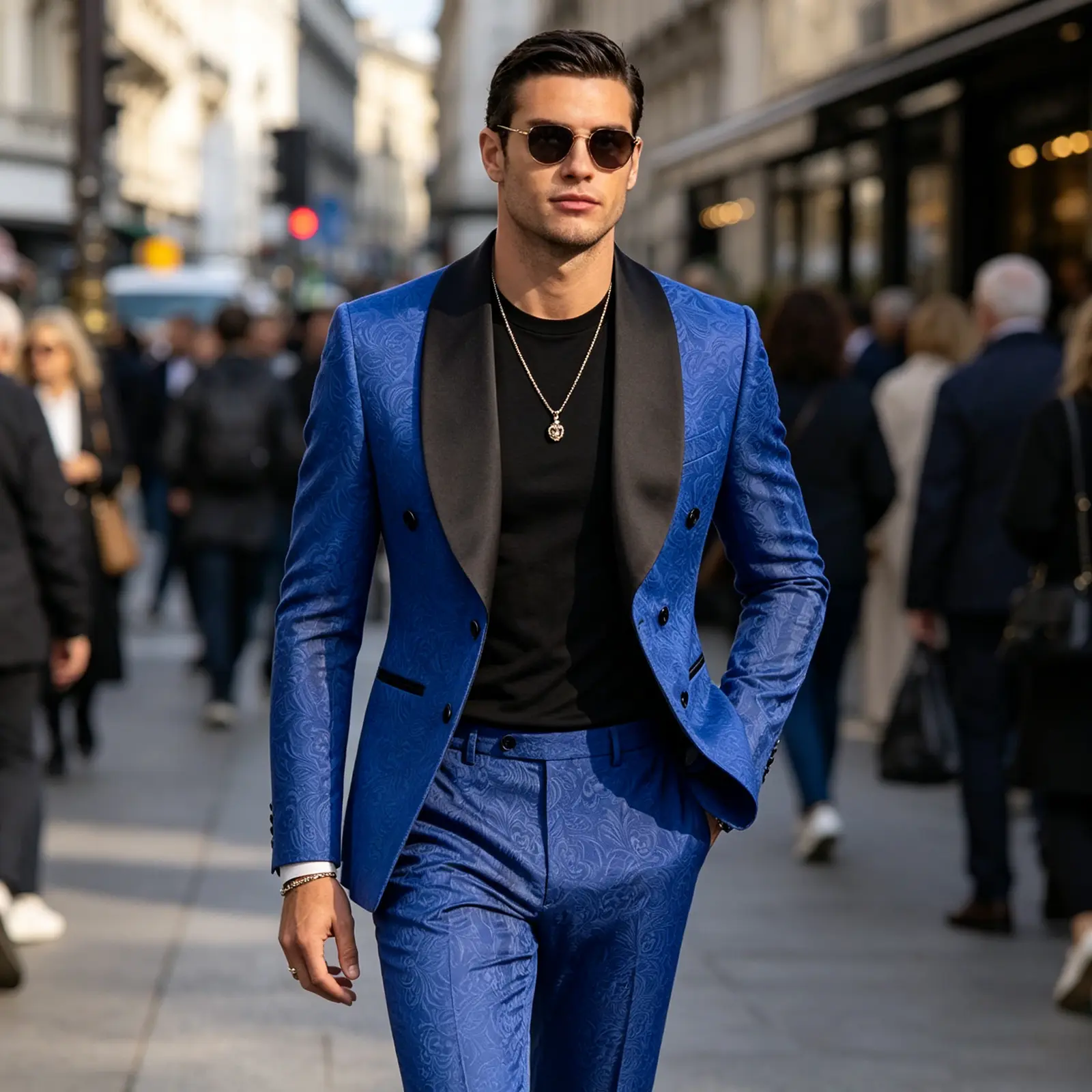Men's Floral Paisley Tuxedo Suit, 2-Piece Textured Jacquard Formal Wear with Double Breasted Shawl Lapel Blazer for Wedding & Prom, Long Sleeve, Pocket, Menswear, Classic, Stylish, Black, Dress, Buttons, Rayon, Striped, Matching, Polyester