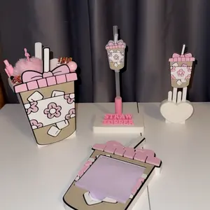 Iced Coffee Desk Set with Pen Holder Sticky Note Holder Paper Clip Holder & Straw Topper in Adorable Pink and White Design