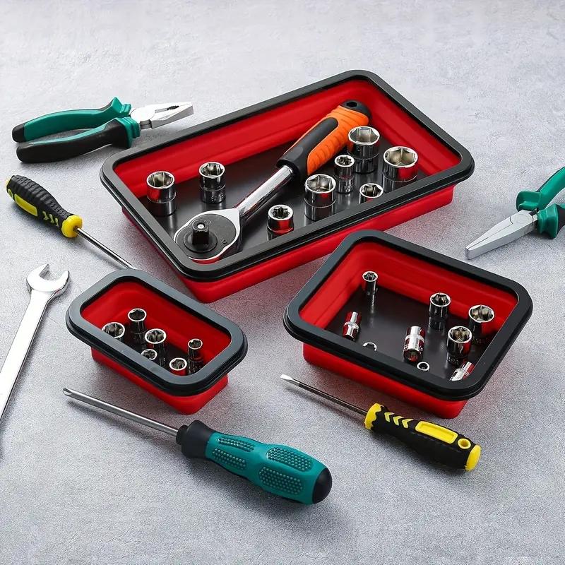 Set of 3 Rectangular Storage Boxes New Slot Silicone Magnetic Hand Tool Organizer Combo Foldable Large-Capacity Tray for Workshops and Home Use