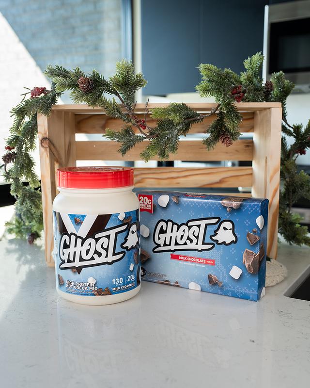 GHOST High Protein Hot Cocoa Holiday Edition 20g Protein Serving White Chocolate Peppermint Bark & Milk Chocolate Tubs Single Serve Packets