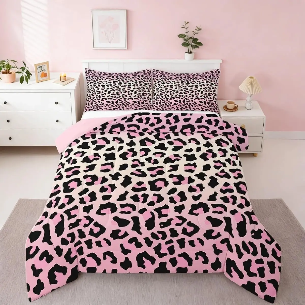 Pink Leopard Bedding Set Cheetah Comforter Set Room Decor Animal Print Comforter Safari Duvet