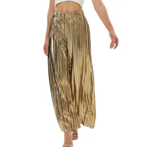 heipeiwa Women's Shiny Pleated Wide Leg Pants Party Nightout Party Wedding Evening High Elastic Waist Trouser Outfit Clubwear