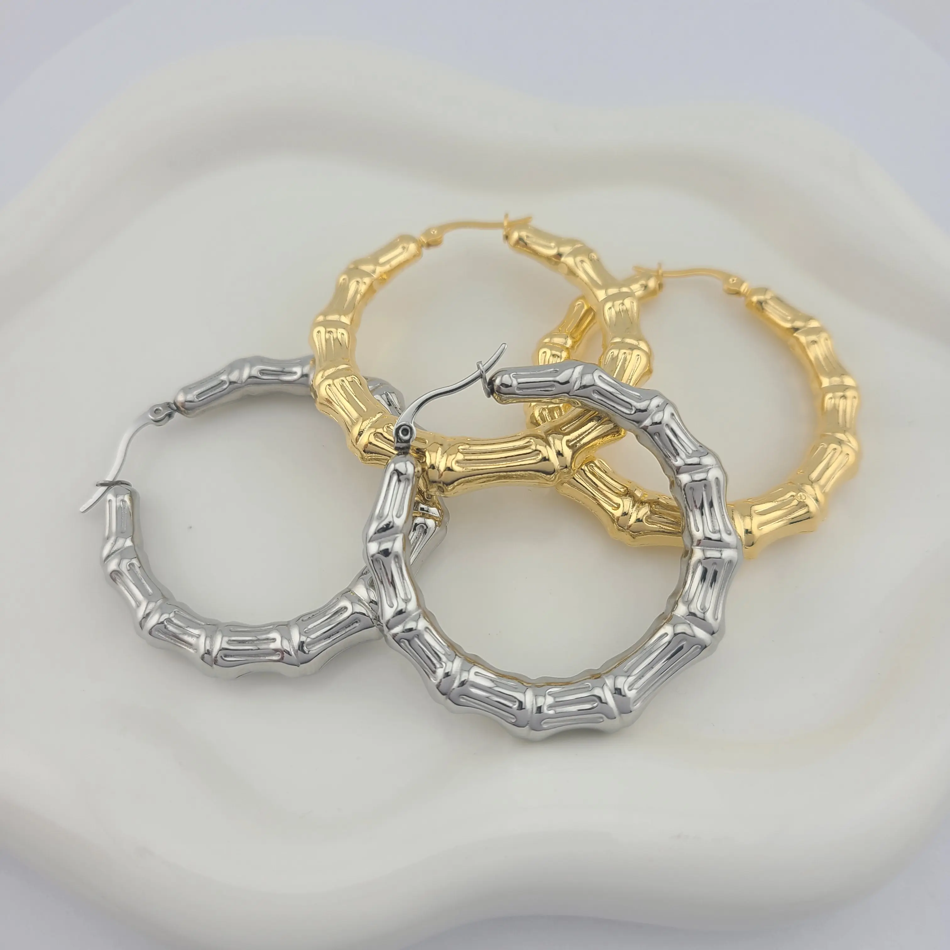 FWJ Women's Bamboo Puff Hoop Earrings, 7x32.5mm Hypoallergenic Stainless Steel Jewelry for Everyday Wear, Earrings For Women, Chunky, Daily, 7Mm X 32.5Mm