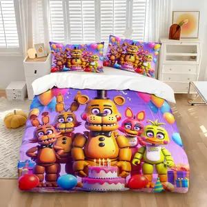 Five Nights at Freddy's Birthday Theme Duvet Cover Set, Include One Comforter Cover and 1/2 Pillowcases, Vibrant Party Print Quilt Cover, Soft Microfiber Fabric, Perfect for Kids & Teens Bedroom Decor, Microfiber Bedding Set