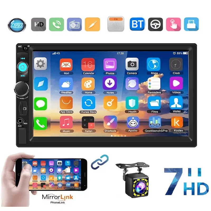 7-in Double Din Android Car Player, HD Touchscreen Radio with reverse Camera, Bluetooth Hands-Free Calling, FM TF AUX USB Support, APE Compatibility, Auto Accessories for Cars, Car Video Players