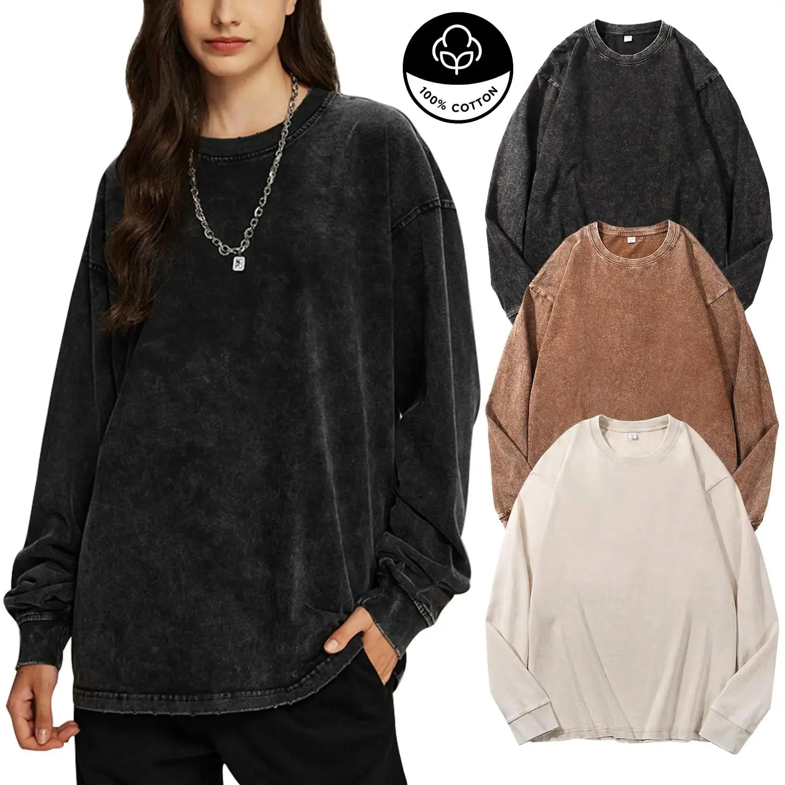 1/3 Pack Vintage Acid Wash Fall Deals Oversized T-Shirts Unisex 100% Cotton Long Sleeve Tees for Women Men Casual Loose Fit Baggy Pullover Comfy Basic Streetwear Fall Loungewear Essential Layering Tops