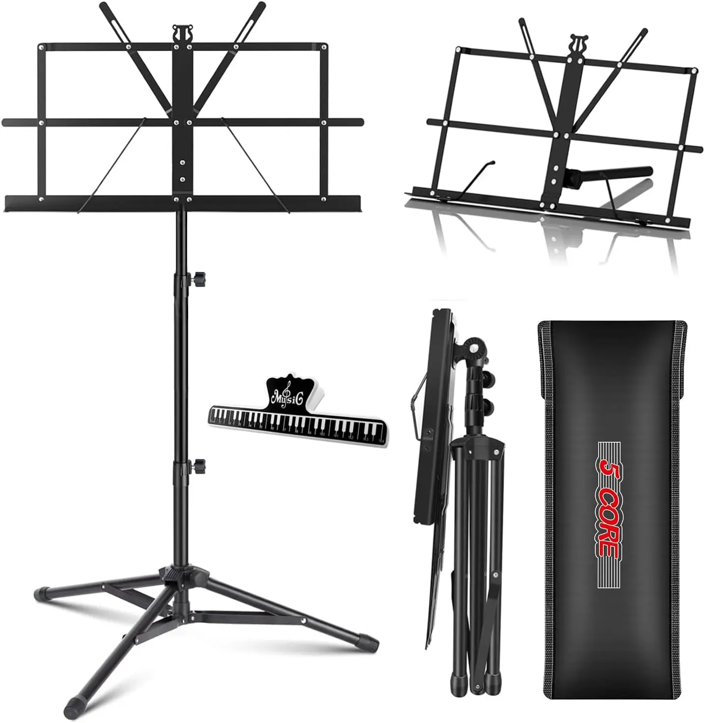 5 CORE Sheet Music Stand Portable Dual Use Desktop Book Holder Folding Lightweight Tripod Adjustable 52" w Carrying Bag and Clip for Students Musicians Black
