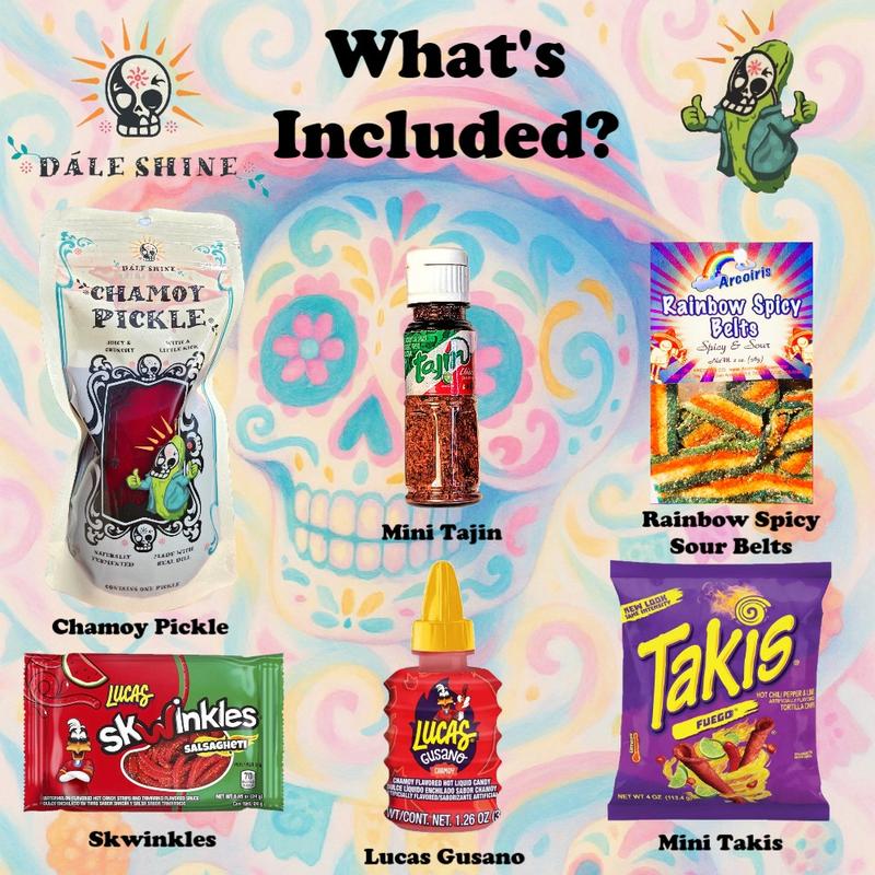 Dále Shine Rainbow Chamoy Pickle Kit, Takis, Popular Mexican Candy, Lucas Gusano, Salsagheti, Mini Tajin, Spicy Rainbow Sour Belts, Pepinillo de Chamoy 6 Piece