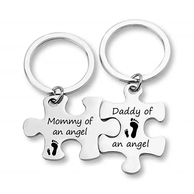 Stainless Steel Angel Puzzle Keychain with Lettering - Durable Memorial Gift, Love-Infused Family Remembrance Keepsake for Parents Experiencing Infant Loss (Puzzle Design Core Feature), Key Holder, Mommy, Commemorative, Daddy, Bond Symbol