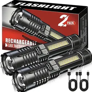 2 PACKS LED Rechargeable Powerful Flashlights Zoomable Flashlight with 5 Smart Lighting Modes ABS Material Digital Display Retractable Waterproof Portable Flashlight for Camping Home Emergencies Hiking night Fishing handheld flash light