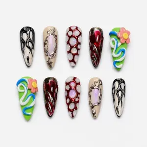 Mushroom Press On Nails Neon Green Red Opal Flower Swirl Blob Art Y2K Fantasy