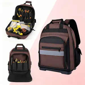 Heavy Duty Tool Backpack, Waterproof Molded Base Work Bag, Multi Pockets Tool Storage Organizer for Hand Tools, Contractor HVAC Techs Electrician Pack, Durable Brown