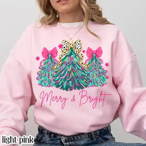 Christmas Sweatshirt Merry & Bright Xmas Tree Sweater Pink Holiday Festive Bow Lights Pullover Cute Jolly Tee Merry Christmas Mom Crewneck