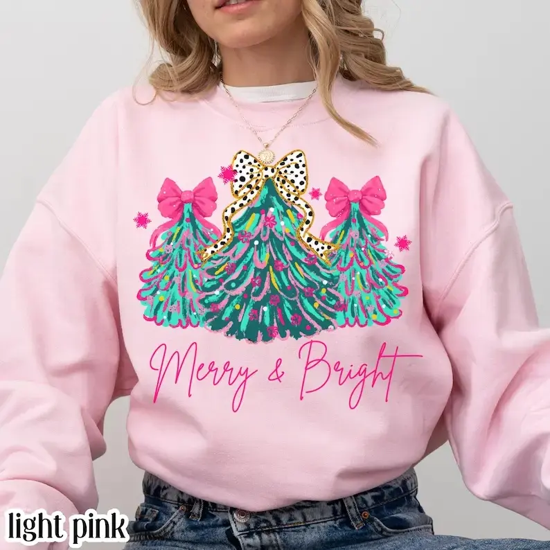 Christmas Sweatshirt Merry & Bright Xmas Tree Sweater Pink Holiday Festive Bow Lights Pullover Cute Jolly Tee Merry Christmas Mom Crewneck