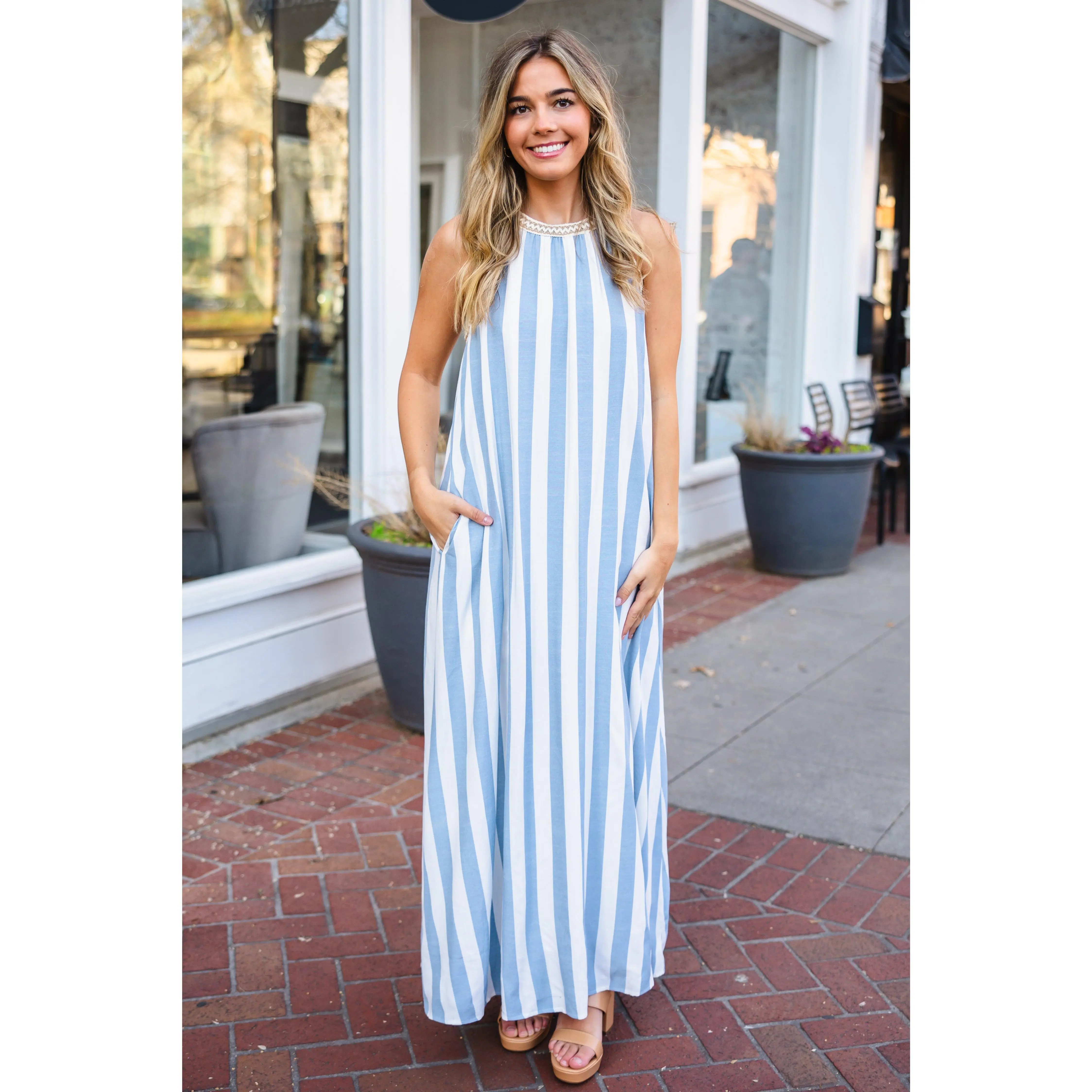 slim fit dress slacks Chrissy Striped Halter Maxi Dress