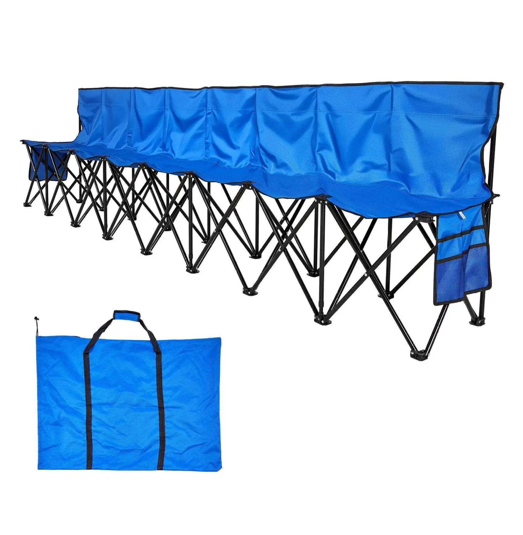 8-Seat Folding Bench - Portable Soccer Bench with Backrest & Pockets - Lightweight Team Seating for Football, Baseball, Camping, Outdoor Events - Blue 8 Seats
