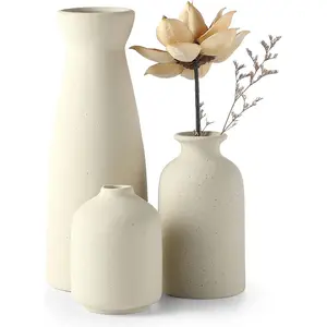Beige Ceramic vase Set-3 Small Flower vases for Decor,Modern Boho Farmhouse Home Decor,Decorative vase for Pampas Grass&Dried ,idea Shelf,Table,Bookshelf Entryway- Distressed