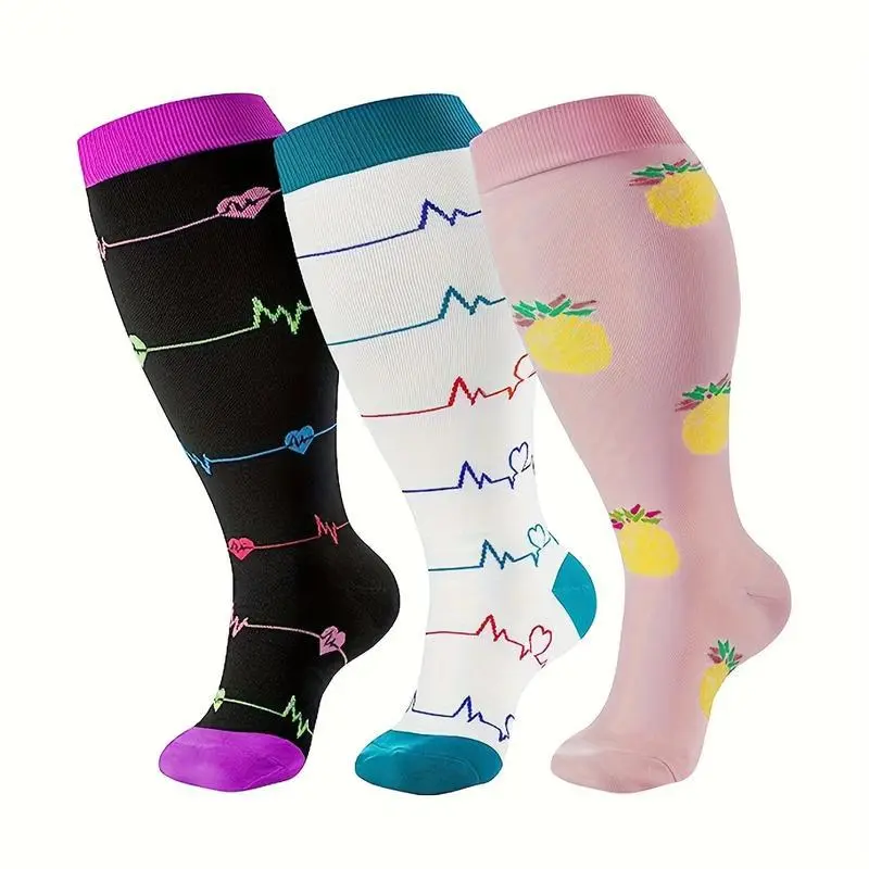 3 Pairs Plus Size Compression Socks, Knee High Nylon Blend with Spandex, Cartoon Pattern, Hand Wash Only, All-Season Knit Fabric Stockings for Women and Men, Supportive Legwear | Vibrant Design Socks | Durable Knit Socks, Cute SocksFYCTRE 3 Pairs Plus Size Compression Socks, Knee High Nylon Blend with Spandex, Cartoon Pattern, Hand Wash Only, All-Season Knit Fabric Stockings for Women and Men, Supportive Legwear | Vibrant Design Socks | Durable Knit Socks, Cute SocksFYCTRE