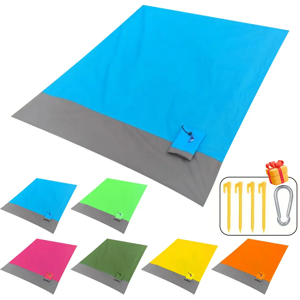 Beach Blanket Sandproof Waterproof, Portable Foldable Picnic Mat with 4 Stakes & Carabiner for Camping Travel