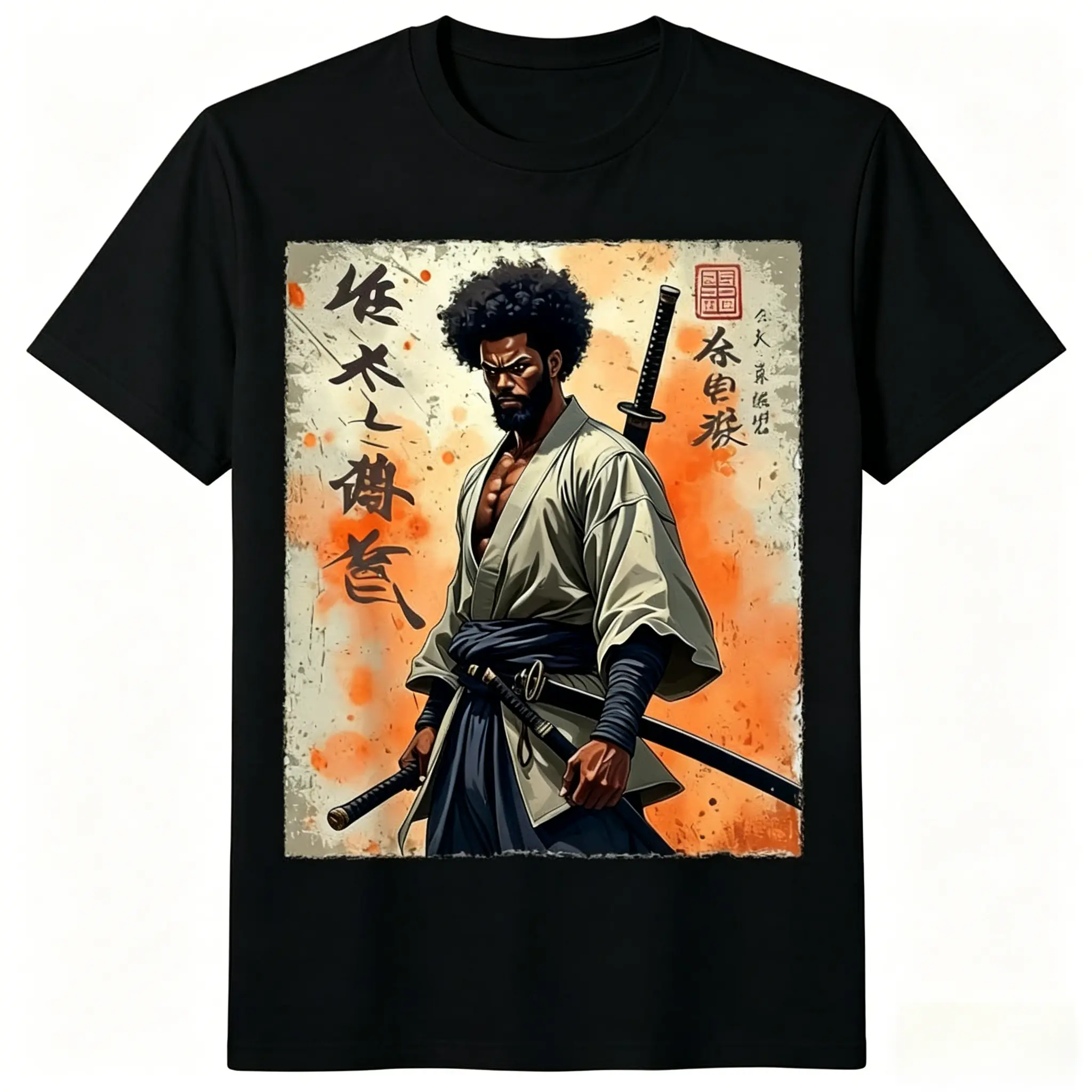 Classic Graphic T-Shirt with African Samurai Print, Unisex 100% Cotton Tee, Lightweight Minimalist Bushido Warrior Design Made in USA, Menswear, Simple, Shortsleeve, Breathable, Casual, Fabric, Round Neck, Tshirt, Top, Tops, Soft
