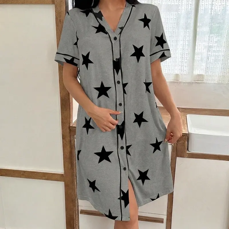 Women's Sleep Dress for Spring, Star Print V Neck Button Front Short Sleeve Loose Nightgown Loungewear