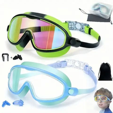 MARISUN 2 Pcs Kids-Swim-Goggles with Nose Cover, Wide View Anti Fog UV Anti Shattered Lens for Kids 3-6/6-15 anti-uv swimming goggles swim glass wide view uv swimming goggles anti-fog swimming goggles easter gift Swim Kit summerwins,bathin, Soft Silicone