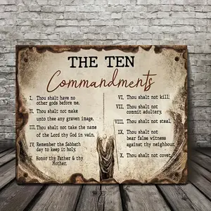 1 Piece Wooden Frame Commandment Canvas Painting Art Print Wall Bedroom Living Room Decoration Vintage Ten Commandments Inspirational Canvas Painting with Frame Hangable Gift for Her, Him Wrapped Canvas Painting