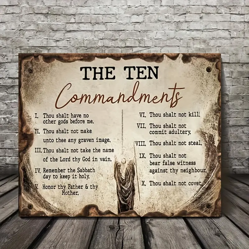 1 Piece Wooden Frame Commandment Canvas Painting Art Print Wall Bedroom Living Room Decoration Vintage Ten Commandments Inspirational Canvas Painting with Frame Hangable Gift for Her, Him Wrapped Canvas Painting Decorative Artwork