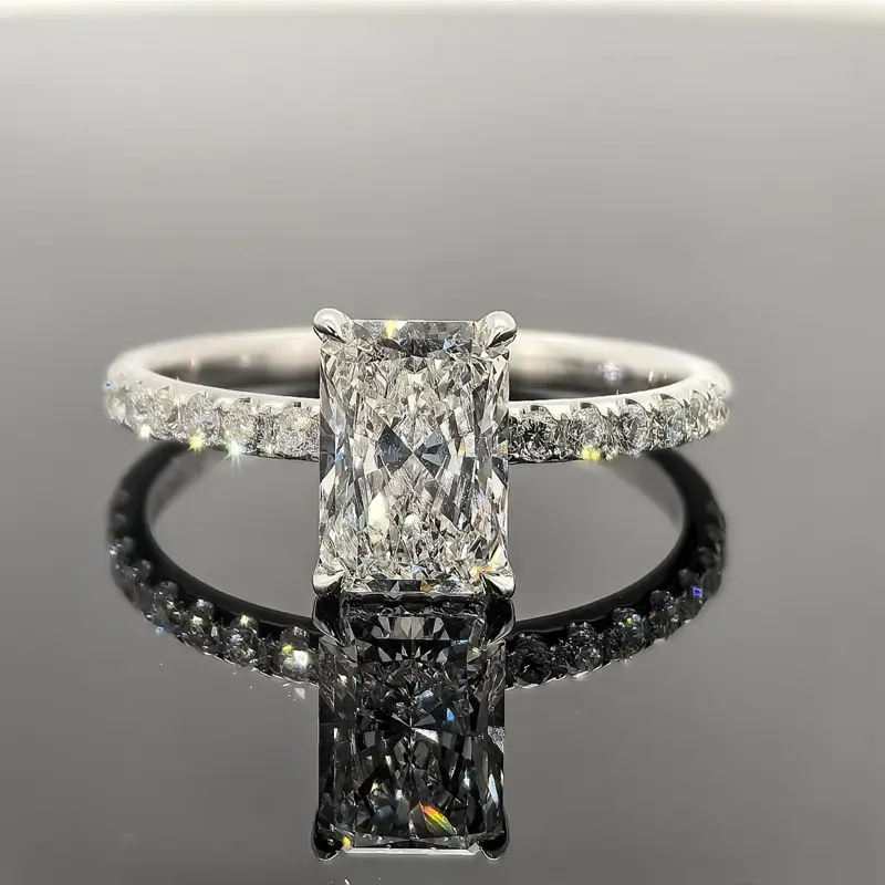 2ct radiant cut diamond  diamond band hidden halo moissiniate sterling silver 14k gold plated engagement ring