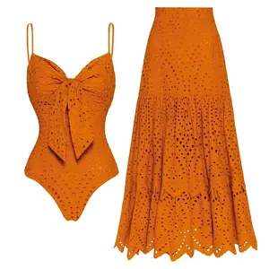 FLAXMAKER Women's Laser Cut Bow Front One Piece Swimsuit and Cover Skirt Set Swimdress Swimwear Bathing Suit Stylish Beachwear #TikTokShopBlackFriday