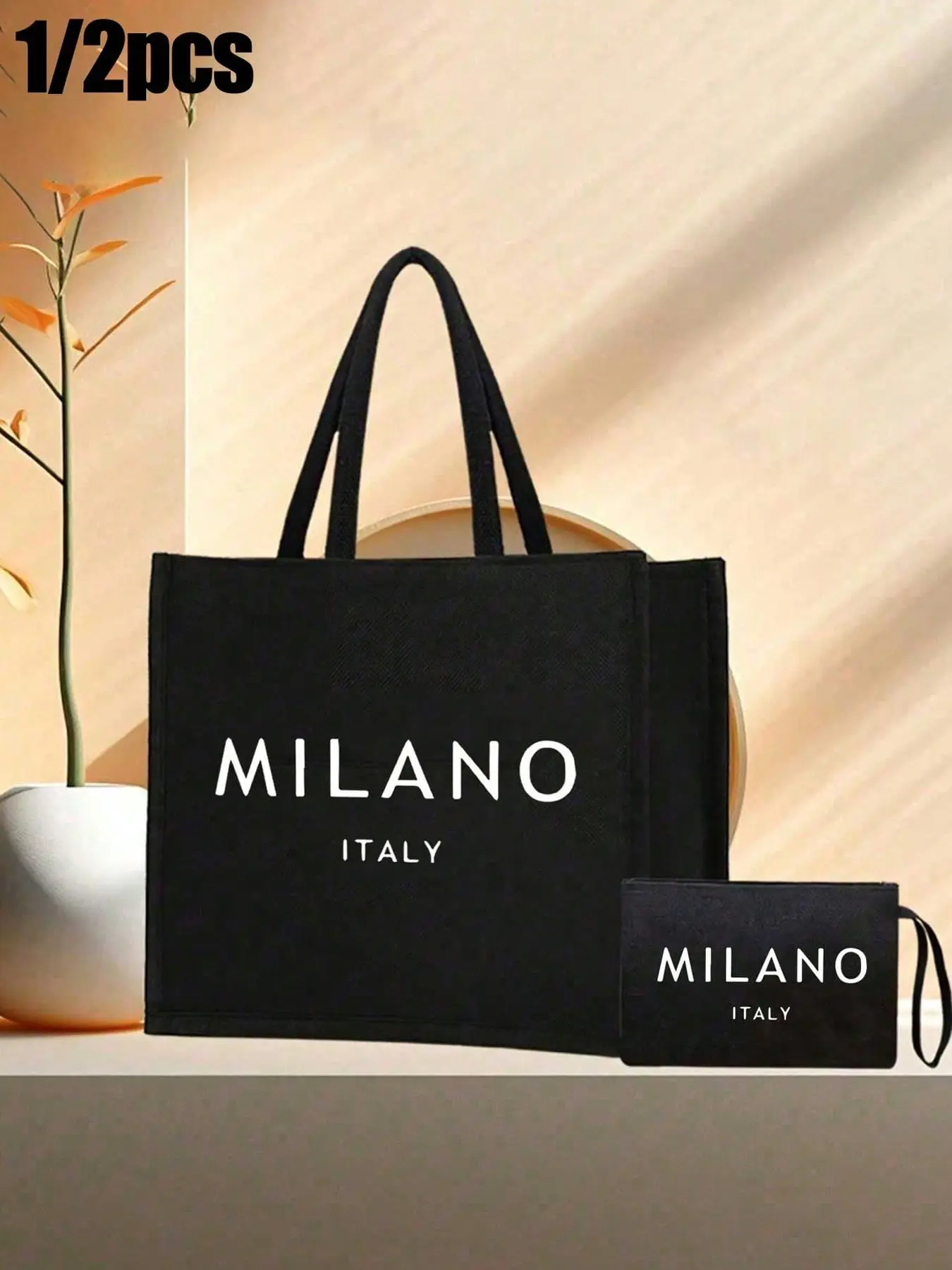 Milano Italy' Tote Bag and Pouch with Black with White Embossed Milano Italy' Tote Bag and Pouch with Black with White Embossed
