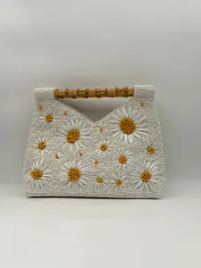Hand Beaded Daisy Purse Handbag with Bamboo Handle