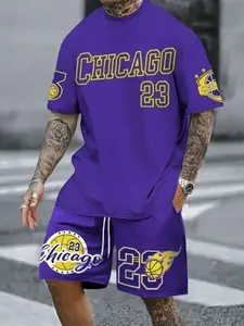 Men's Fashion Round Neck Short Sleeve Set, Chicago Letter Number 23 Digital Print, Summer Casual, Comfortable Vacation Sports Wear