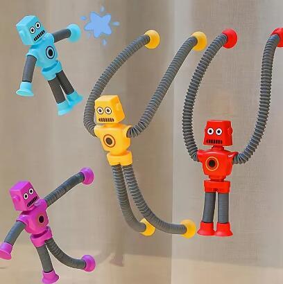 4pcs Stretchy Robot Toys with Telescopic Arms - Multi-Color (Yellow, Red, Blue, Purple,) - Sensory Birthday, Christmas, Easter Party Favors - Durable Plastic Construction for Toddlers, Kids Boys & Girls