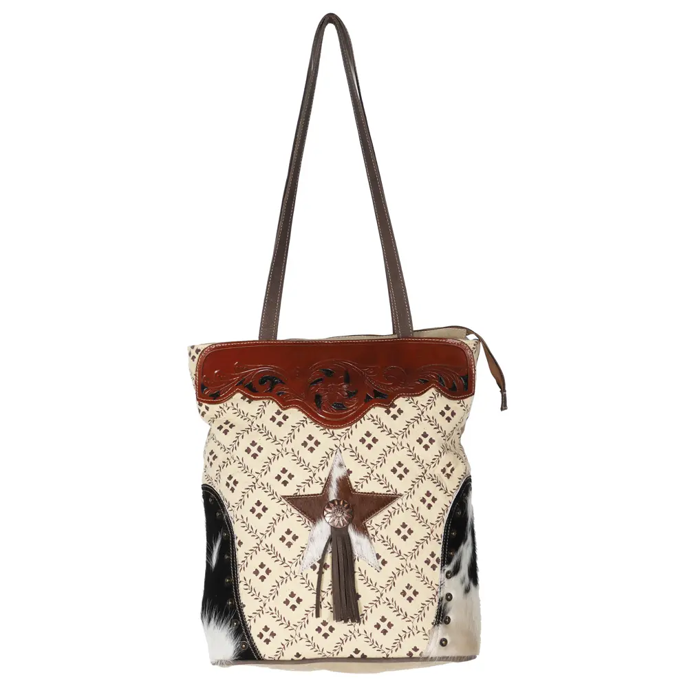 OHLAY KB612 TOTE Upcycled Canvas Embossed Hair-on Genuine Leather women bag western handbag purse