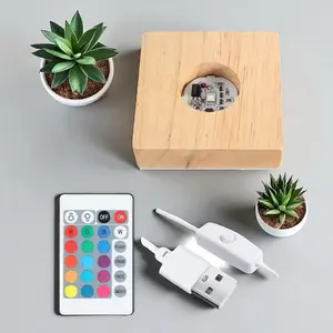Square Wood LED Display Base Wood Light Lamp Base Stand with Remote Multicolor USB Powered Adjustable Colors