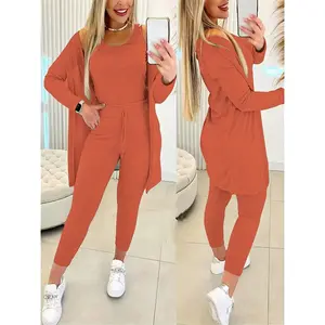 Women’s 3-Piece Oversized Sweatsuit Set – High-Stretch Solid Orange Jumpsuit with Elastic-Waist Pants & Oversized Coat | Cozy Winter Outfit for Casual and Formal Events | Machine Washable